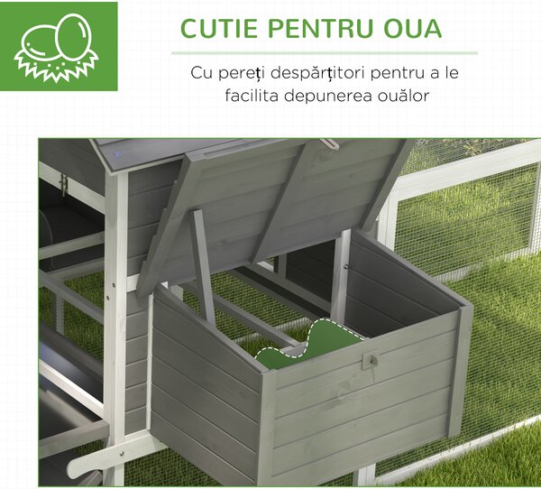 Pawhut Cotet pentru Gaini Ouatoare pentru Exterior, Adapost pentru Gaini cu Rampa si Zona Deschisa Imprejmuita, 310.5x149.5x149cm, Gri