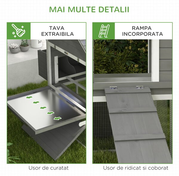 Pawhut Cotet pentru Gaini Ouatoare pentru Exterior, Adapost pentru Gaini cu Rampa si Zona Deschisa Imprejmuita, 310.5x149.5x149cm, Gri