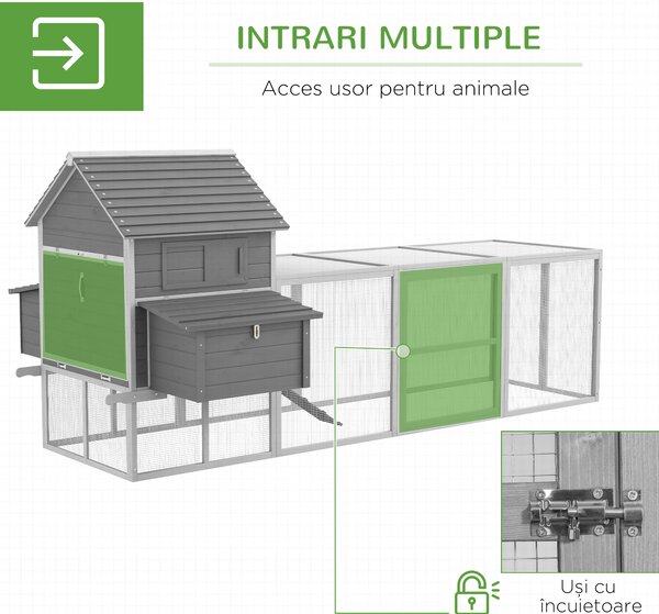 Pawhut Cotet pentru Gaini Ouatoare pentru Exterior, Adapost pentru Gaini cu Rampa si Zona Deschisa Imprejmuita, 310.5x149.5x149cm, Gri