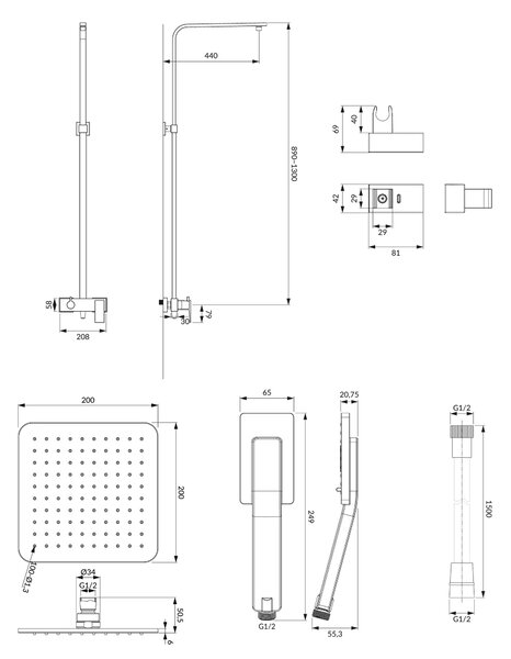 Omnires Parma set de duș perete cu duș de ploaie grafit PM7444GR