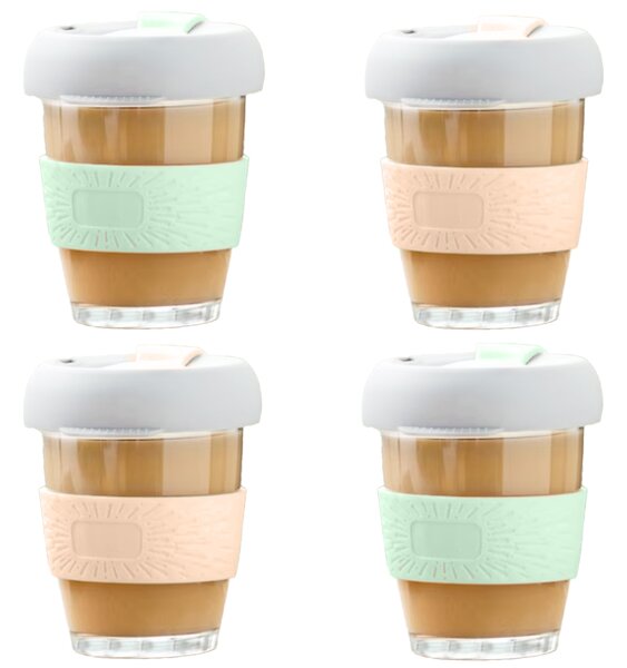 Set 4 pahare cafea/ceai, Quasar & Co.®, model To Go, cu protectie termica si capac din silicon, sticla, 4x320 ml, verde/corai