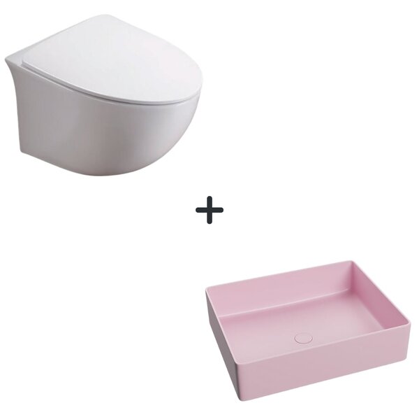 Set vas wc rimless cu capac soft close Alice plus lavoar baie dreptunghiular roz mat