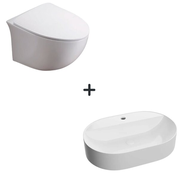 Set vas wc rimless cu capac soft close Alice plus lavoar baie alb cu orificiu baterie