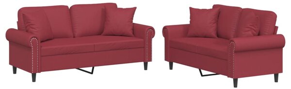 Set de canapele cu perne, 2 piese, roșu vin, piele ecologică
