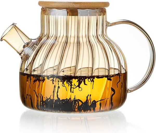 Ceainic, Quasar & Co.®, recipient pentru ceai/cafea cu filtru si capac, 950 ml, sticla borosilicata/bambus, amber