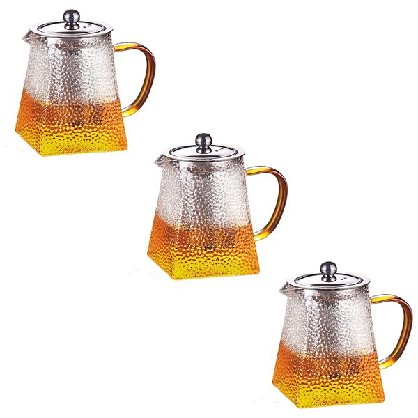 Set 3 ceainice, Quasar & Co.®, recipiente pentru ceai/cafea cu infuzor si capac, 3x350 ml, sticla borosilicata/otel inoxidabil, transparent