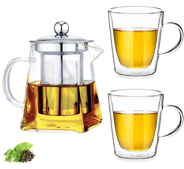 Set ceainic cu 2 cani, Quasar & Co.®, Tea Time, cu infuzor, capac si 2 cani cu pereti dubli, 750 ml/2 x 250 ml, transparent