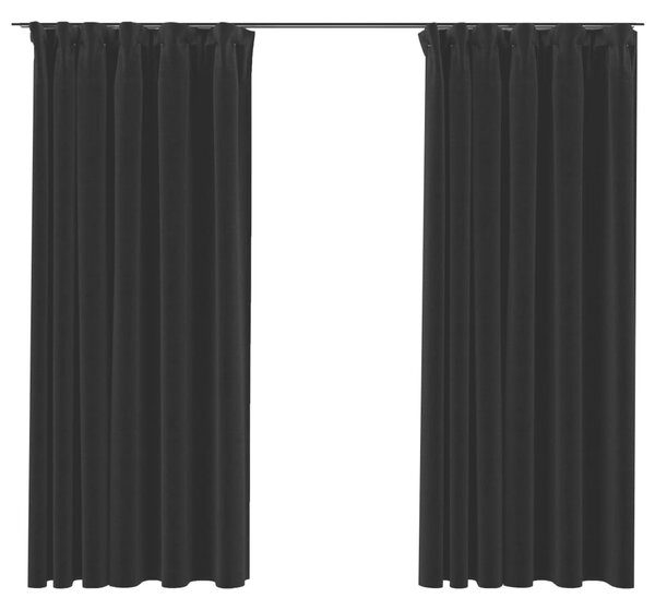 Draperii opace aspect in, cârlige, 2 buc., negru, 140 x 175 cm