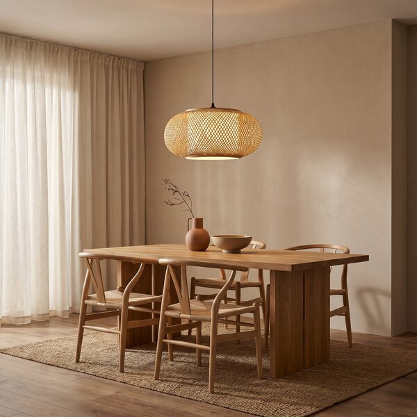Lindby Lampa suspendată Romaine, culoare naturală, Ø 50 cm, bambus, E27, reglabil, Lemn, Camera de zi / sufragerie, Bamboo, Scandinavă