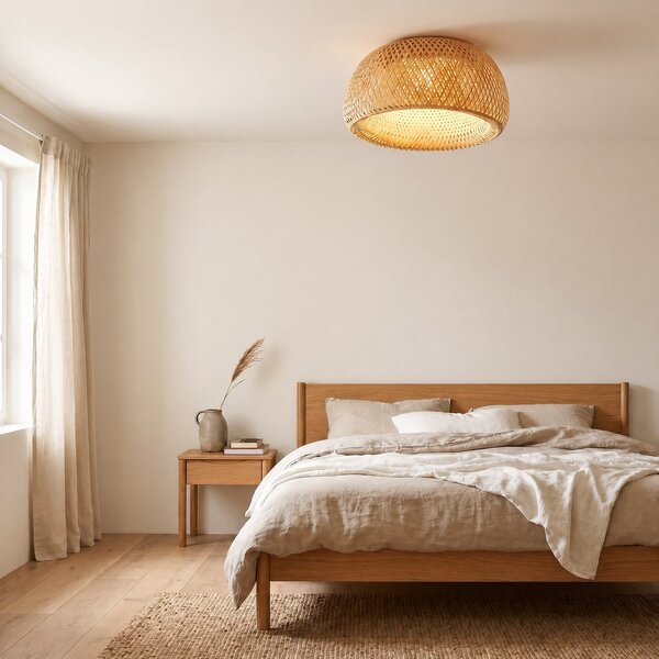 Lindby Plafonieră Jadwiga, Ø 45 cm, bambus, E27, reglabil, Lemn, Camera de zi / sufragerie, Bamboo, Scandinavă