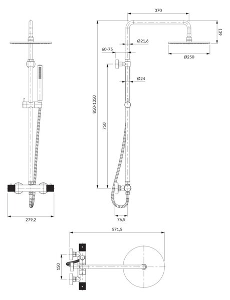 Coloana de dus cu termostat, Omnires CONTOUR, antracit periat