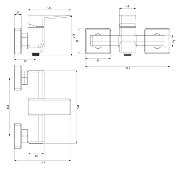 Baterie de dus Omnires Parma negru mat