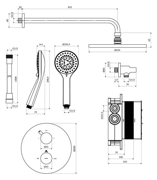 Set de dus incastrat Omnires Y, cu termostat, crom lucios