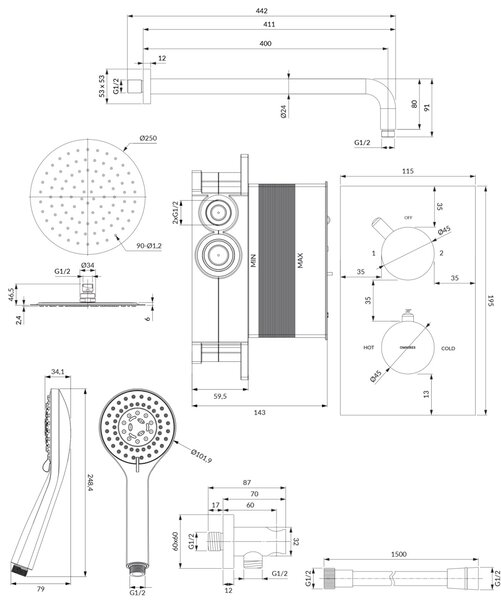 Set de dus incastrat, Omnires Y, cu termostat, crom lucios