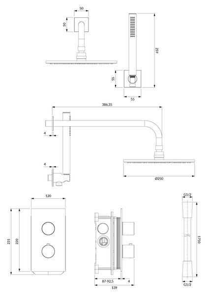 Set de dus incastrat, Omnires CONTOUR, cu termostat, auriu periat