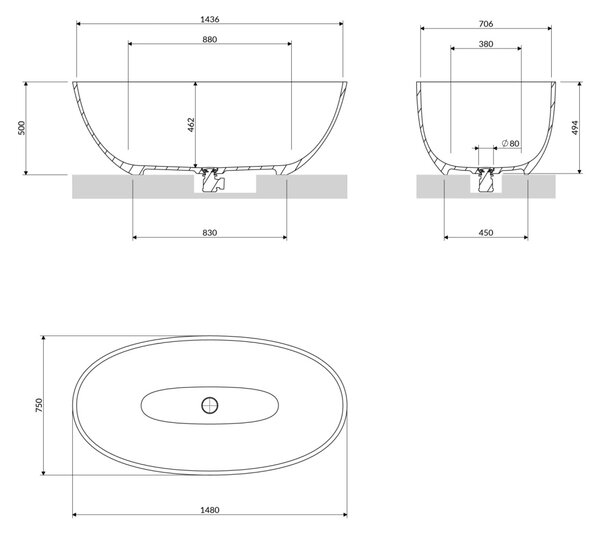 Cada freestanding, Omnires SHELL M+, 148 x 75 cm, alb lucios