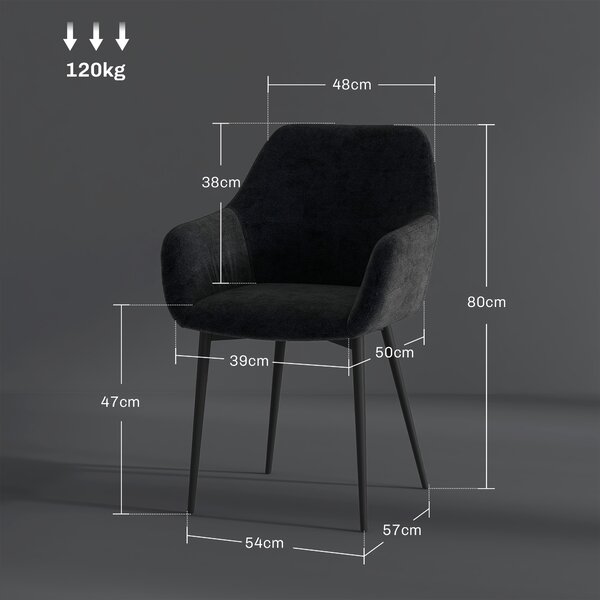 HOMCOM Set 2 Scaune Tapițate în Stil Nordic cu Brațe și Picioare din Oțel pentru Sufragerie, 54x57x80 cm, Negru | Aosom Romania