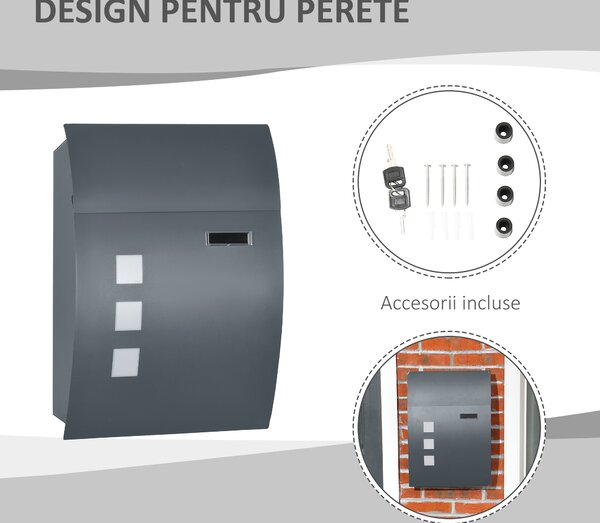 HOMCOM Cutie Postala Curbata din Otel Zincat cu 3 Fante si 2 Chei de Securitate incluse, 45x10x32 cm, Gri | Aosom Romania