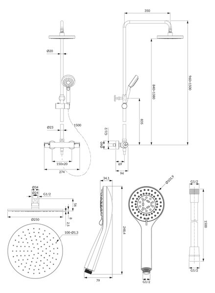 Coloana de dus cu termostat, Omnires Y, negru semi-mat