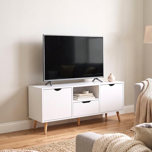 HOMCOM Mobilier TV de 50" cu Sertar, Raft Deschis și 2 Dulapuri, Mobilier TV cu 5 Picioare din Lemn, 110x40x50 cm, Alb | Aosom Romania