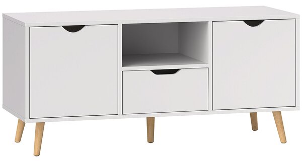 HOMCOM Mobilier TV de 50" cu Sertar, Raft Deschis și 2 Dulapuri, Mobilier TV cu 5 Picioare din Lemn, 110x40x50 cm, Alb | Aosom Romania