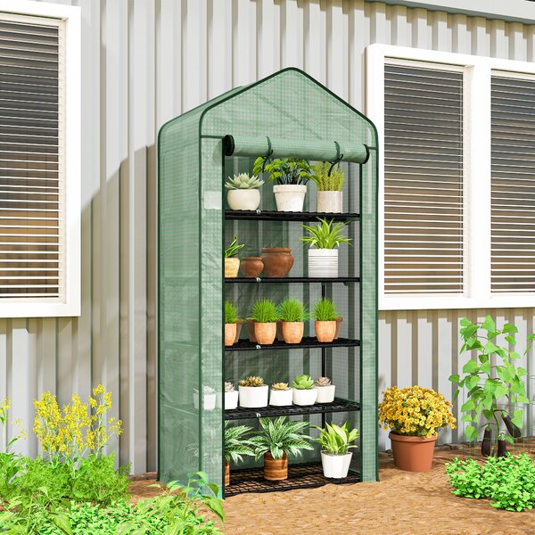 Outsunny Seră Mini pe 5 Niveluri cu Husă Ranforsată, Seră Portabilă cu Ușă Rulabilă și Rafturi de Sârmă, 193x90x49 cm, Verde | Aosom Romania