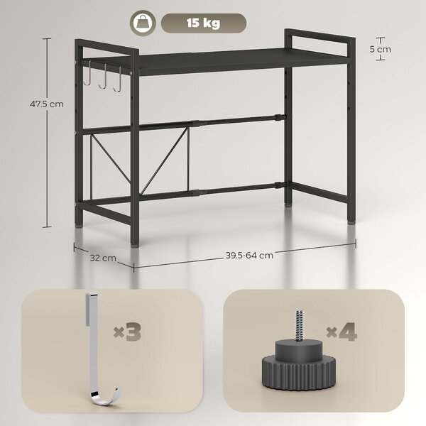 HOMCOM Suport extensibil pentru cuptor cu microunde pe 2 niveluri cu 3 cârlige, din metal, negru | Aosom Romania