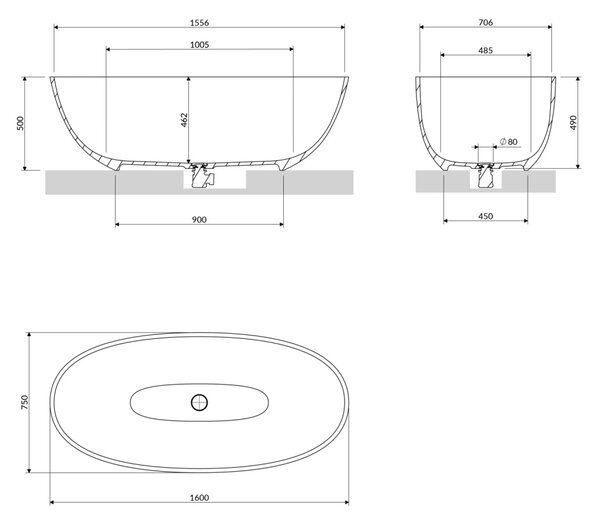 Cada freestanding, Omnires SHELL M+, 160 x 75 cm, gri cenușă mat