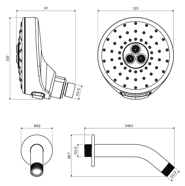 Palarie de dus, Omnires DOUGLAS, cu braț, 13 cm, crom lucios