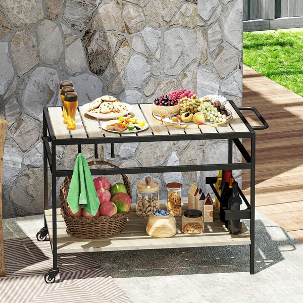 Outsunny Cărucior cu Roți din Lemn cu 2 Rafturi, 3 Cârlige, Blat cu Lamele și Mâner 107x65x80 cm Natural | Aosom Romania