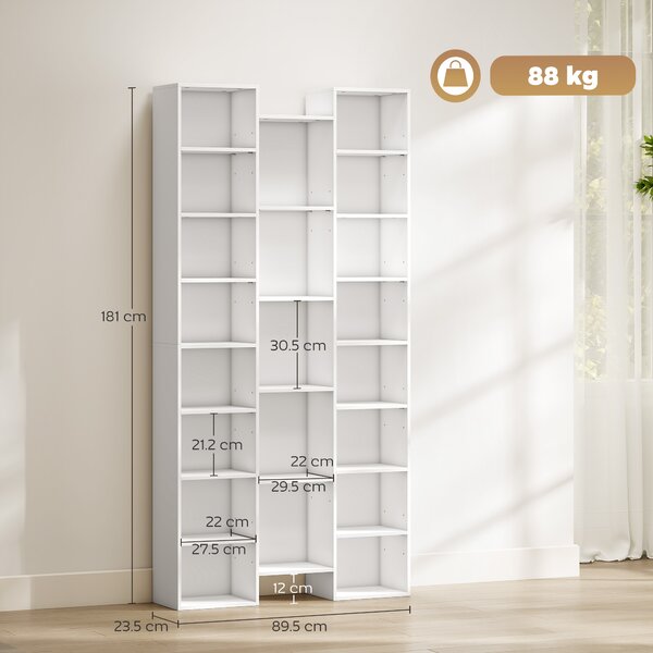 HOMCOM Bibliotecă Modernă din Lemn, Înălțime 181 cm, cu 21 Compartimente și 10 Rafturi Reglabile, Alb | Aosom Romania