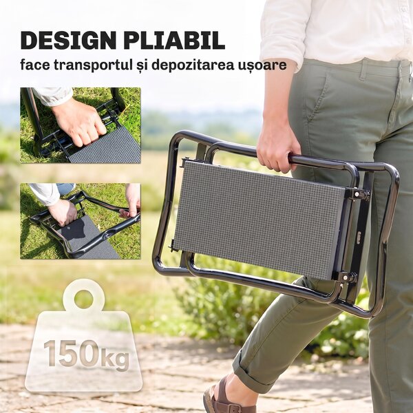 Outsunny Genuncheră și Bancă de Grădină Pliabilă 2 în 1, Culoare Verde Negru | Aosom Romania
