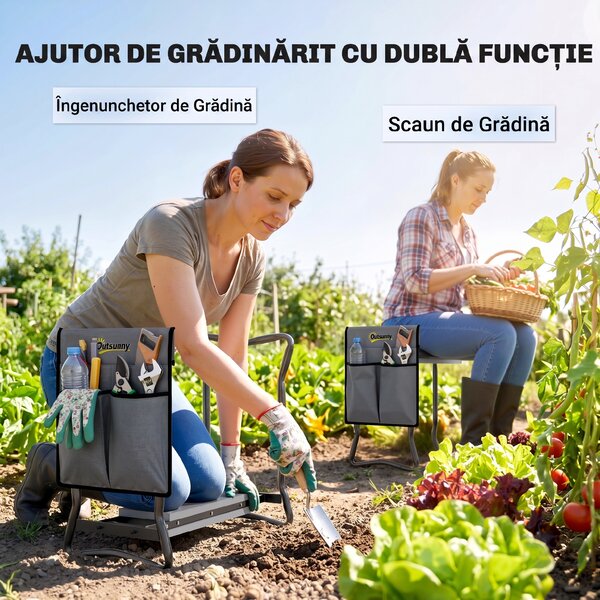 Outsunny Genuncheră și Bancă de Grădină Pliabilă 2 în 1, Culoare Verde Negru | Aosom Romania