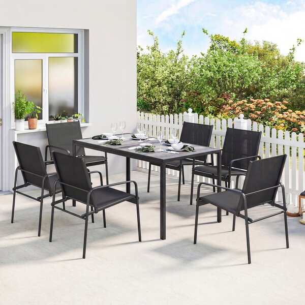 Outsunny Set de Prânz pentru Exterior, 7 Piese pentru 6 Persoane, Masă cu Efect de Lemn și Scaune cu Șezut Respirabil, Set Mobilier de Grădină cu Cadru din Oțel Galvanizat, Negru | Aosom Romania