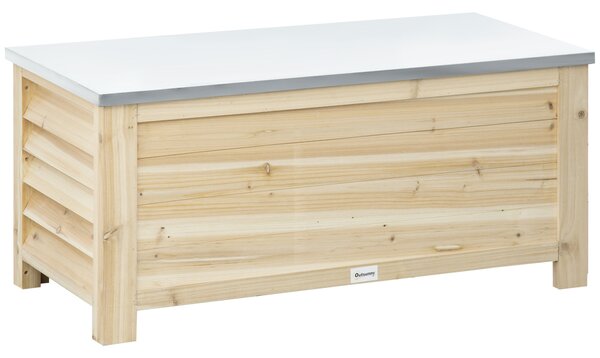 Outsunny Ladă de Depozitare Exterior din Lemn cu Capac Metalic Galvanizat și Design cu Șipci 110x50x50 cm Lemn Natural | Aosom Romania