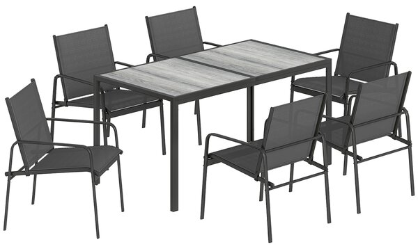 Outsunny Set de Prânz pentru Exterior, 7 Piese pentru 6 Persoane, Masă cu Efect de Lemn și Scaune cu Șezut Respirabil, Set Mobilier de Grădină cu Cadru din Oțel Galvanizat, Negru | Aosom Romania