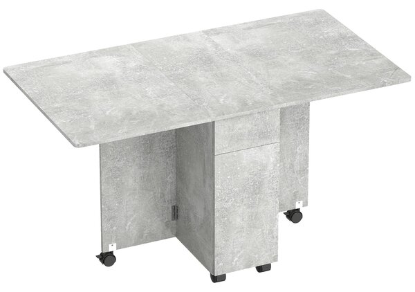 HOMCOM Masă de Luat Masa Pliabilă, Masă de Bucătărie cu Blaturi Rabatabile și Roți cu Frâne pentru 6 Persoane, Birou Compact cu 2 Sertare, 2 Uși și Dulap, pentru Living, 140x76x74î cm, Gri Ciment | Aosom Romania