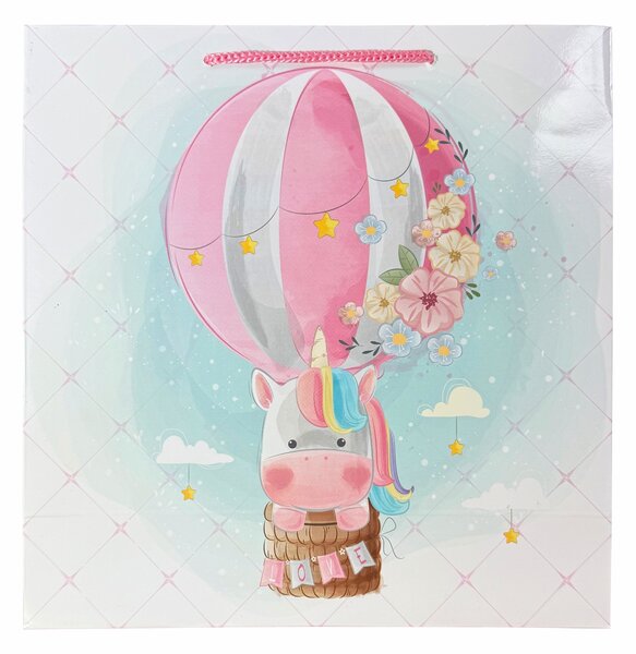 SET 10 pungi de cadou patrate, 24x24x9 cm, model UNICORN ROZ