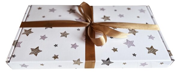 SET 20 cutii cu autoformare 35x18,5x3 cm tiparite cu stelute aurii-argintii-negre si plastifiate lucios