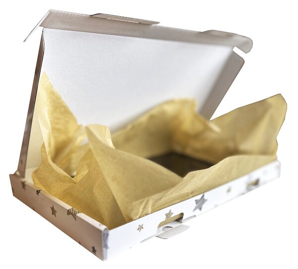 SET 20 cutii cu autoformare 35x18,5x3 cm tiparite cu stelute aurii-argintii-negre si plastifiate lucios