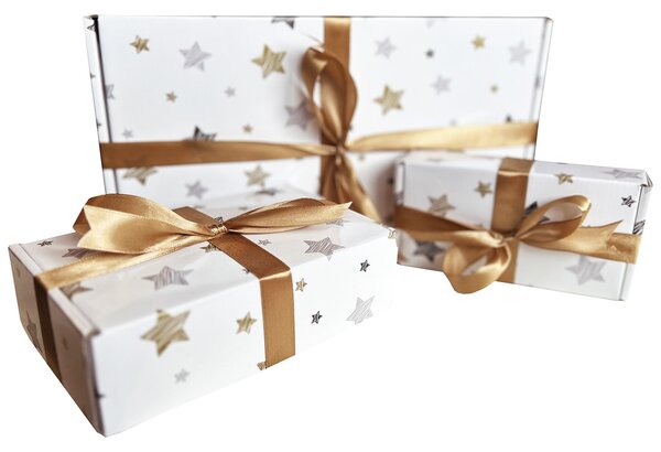 SET 20 cutii cu autoformare 35x18,5x3 cm tiparite cu stelute aurii-argintii-negre si plastifiate lucios
