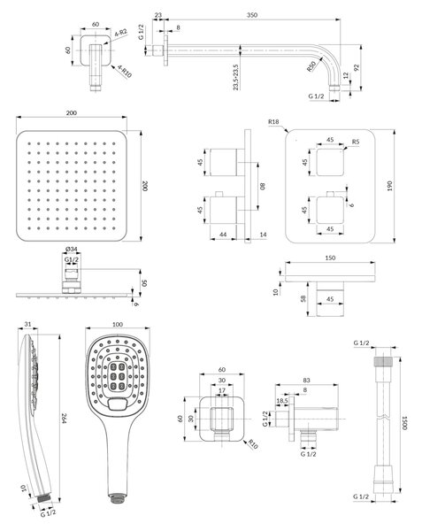 Set de dus incastrat, Omnires PARMA, cu termostat, crom-alb lucios