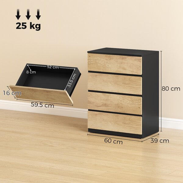HOMCOM Comodă cu 4 Sertare din Lemn cu Șine Metalice și Mânere Frezate, 60x40x80 cm, Negru și Stejar | Aosom Romania