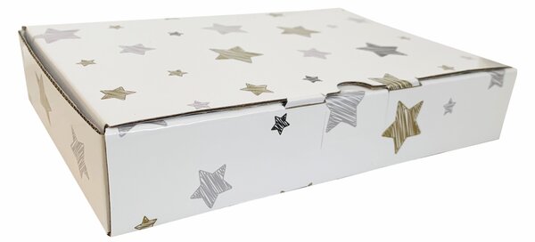 SET 20 cutii cu autoformare 20x14x4 cm tiparite cu stelute aurii-argintii-negre si plastifiate lucios
