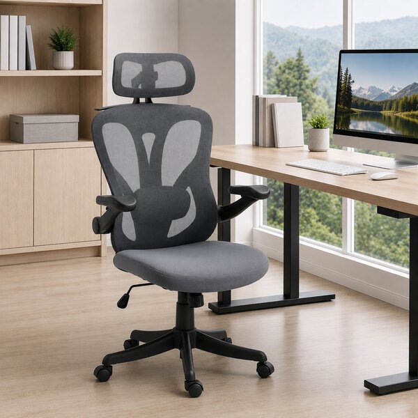HOMCOM Scaun de Birou Ergonomic cu Tetieră 2D, Cotiere 3D, Înălțime Reglabilă, Mesh Respirabil, Gri Închis | Aosom Romania
