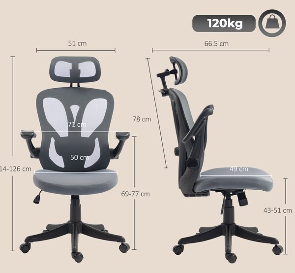 HOMCOM Scaun de Birou Ergonomic cu Tetieră 2D, Cotiere 3D, Înălțime Reglabilă, Mesh Respirabil, Gri Închis | Aosom Romania
