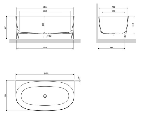Cada freestanding, Omnires VALENCIA M+, 148 x 77 cm, alb lucios