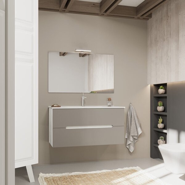 Mobilier De Baie, 100 Cm, Sertare Gri Mat, Laturi Stejar Alb | Magnolia