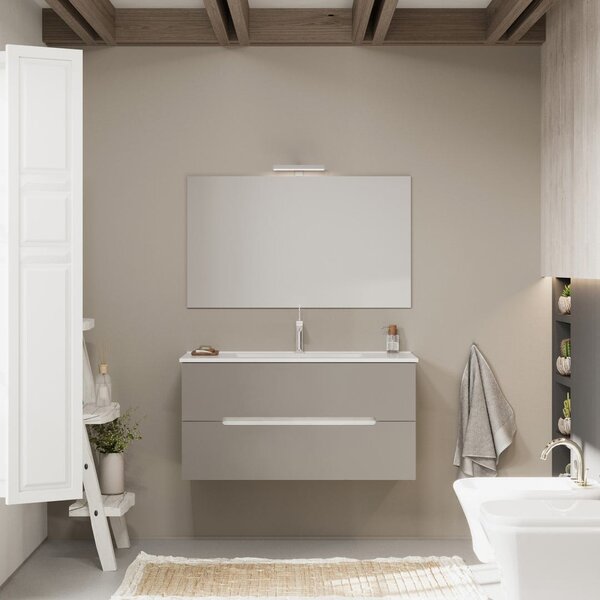 Mobilier De Baie, 100 Cm, Sertare Gri Mat, Laturi Stejar Alb | Magnolia