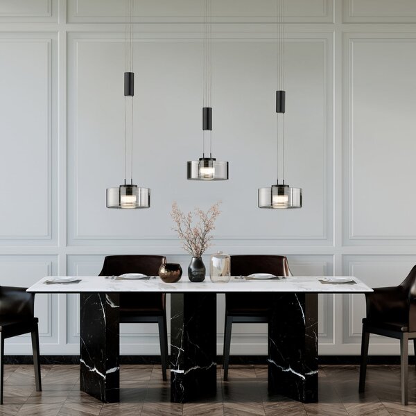 FISCHER & HONSEL Lampă suspendată LED Lavin, lungime 100 cm, negru nisip/gri fumuriu, reglabil, Negru, Camera de zi / sufragerie, Metal, Modern